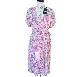 NWT DKNY Floral Print Chiffon Surplice V-Neck Sleeve Faux Wrap Midi Dress